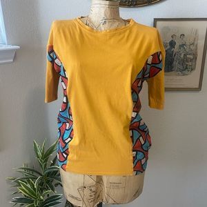 Zara W/B Collection Yellow Blue Geometric Tee Shirt Blouse sz Small